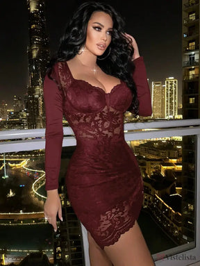 Vestido Curto De Renda Manga Longa Com Transparência Elegante Vestido Curto De Renda Manga Longa Com Transparência