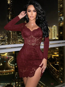 Vestido Curto De Renda Manga Longa Com Transparência Elegante Vinho / PP Vestido Curto De Renda Manga Longa Com