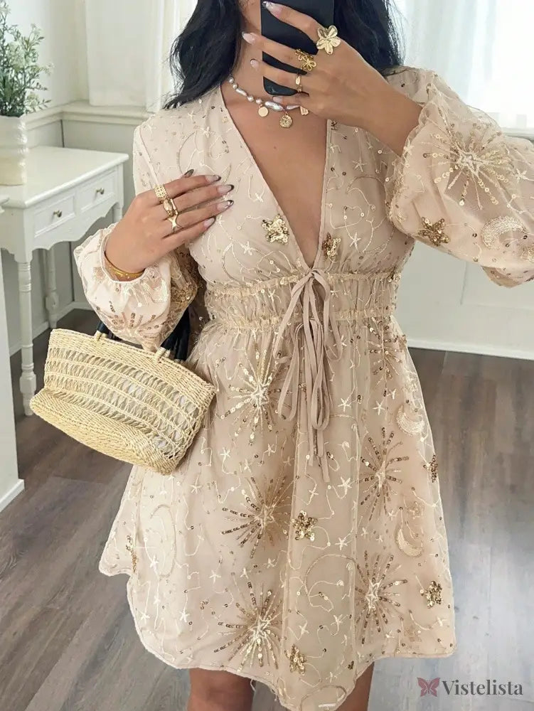 Vestido Curto Decote V Com Manga Longa E Bordado Brilhante Cáqui / PP Vestido Curto Decote V Com Manga Longa E Bordado