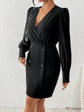 Vestido Curto Elegante Decote V Transpassado Manga Longa Vestido Curto Elegante Decote V Transpassado Manga Longa