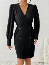 Vestido Curto Elegante Decote V Transpassado Manga Longa Preto / PP Vestido Curto Elegante Decote V Transpassado Manga