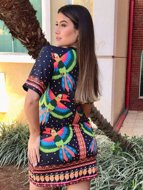 Vestido Curto Estampado Colorido Mangas Curtas Vestido Curto Estampado Colorido Mangas Curtas