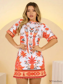 Vestido Curto Estampado Colorido Mangas Curtas Laranja / PP Vestido Curto Estampado Colorido Mangas Curtas