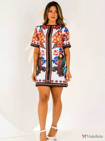 Vestido Curto Estampado Colorido Mangas Curtas Púrpura / PP Vestido Curto Estampado Colorido Mangas Curtas