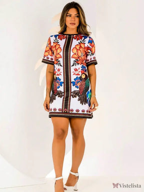Vestido Curto Estampado Colorido Mangas Curtas Púrpura / PP Vestido Curto Estampado Colorido Mangas Curtas