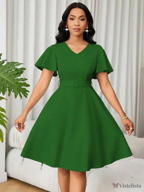 Vestido Curto Evasê Decote V Com Cinto E Manga Flare Vestido Curto Evasê Decote V Com Cinto E Manga Flare