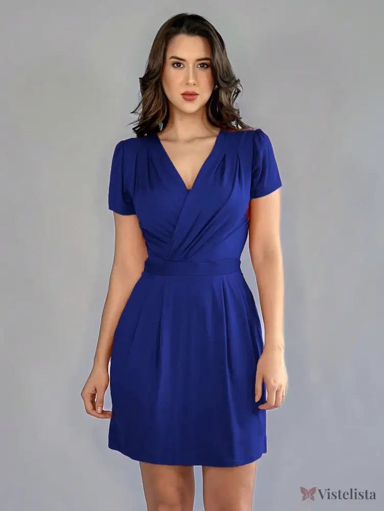 Vestido Curto Evasê Decote V Transpassado Elegante Azul-marinho / PP Vestido Curto Evasê Decote V Transpassado Elegante