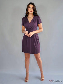 Vestido Curto Evasê Decote V Transpassado Elegante Púrpura / PP Vestido Curto Evasê Decote V Transpassado Elegante