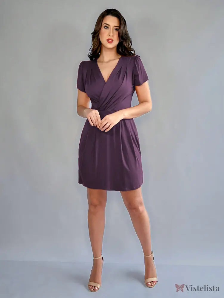 Vestido Curto Evasê Decote V Transpassado Elegante Púrpura / PP Vestido Curto Evasê Decote V Transpassado Elegante