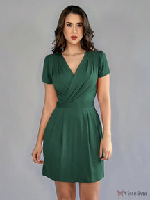 Vestido Curto Evasê Decote V Transpassado Elegante Verde Militar / PP Vestido Curto Evasê Decote V Transpassado Elegante