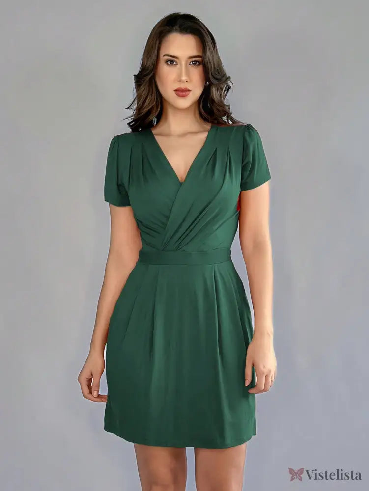 Vestido Curto Evasê Decote V Transpassado Elegante Verde Militar / PP Vestido Curto Evasê Decote V Transpassado Elegante