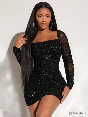 Vestido Curto Festa Manga Longa Transparente Com Brilho Preto / PP Vestido Curto Festa Manga Longa Transparente Com