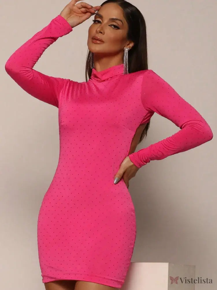 Vestido Curto Justo Manga Longa Com Gola Alta Festa Vestido Curto Justo Manga Longa Com Gola Alta Festa
