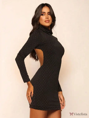 Vestido Curto Justo Manga Longa Com Gola Alta Festa Vestido Curto Justo Manga Longa Com Gola Alta Festa