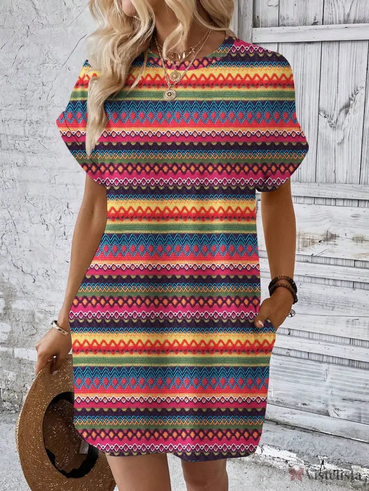 Vestido Curto Listrado Casual Com Bolsos Laterais Laranja / PP Vestido Curto Listrado Casual Com Bolsos Laterais
