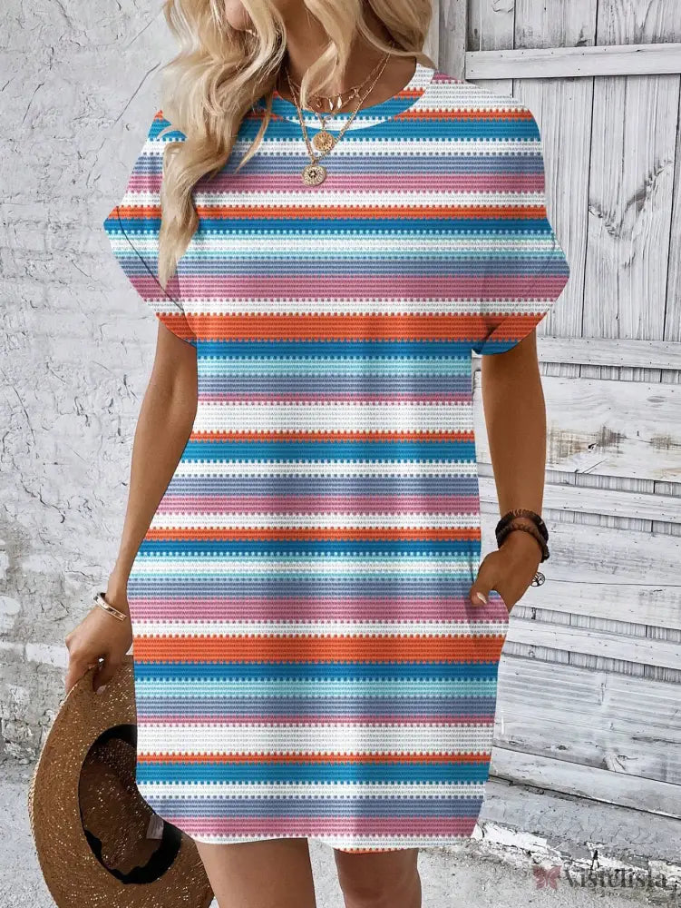 Vestido Curto Listrado Casual Com Bolsos Laterais Roxo / PP Vestido Curto Listrado Casual Com Bolsos Laterais