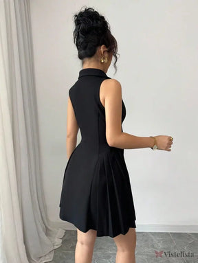 Vestido Curto Preto Sem Manga Com Gola Social E Botões Vestido Curto Preto Sem Manga Com Gola Social E Botões