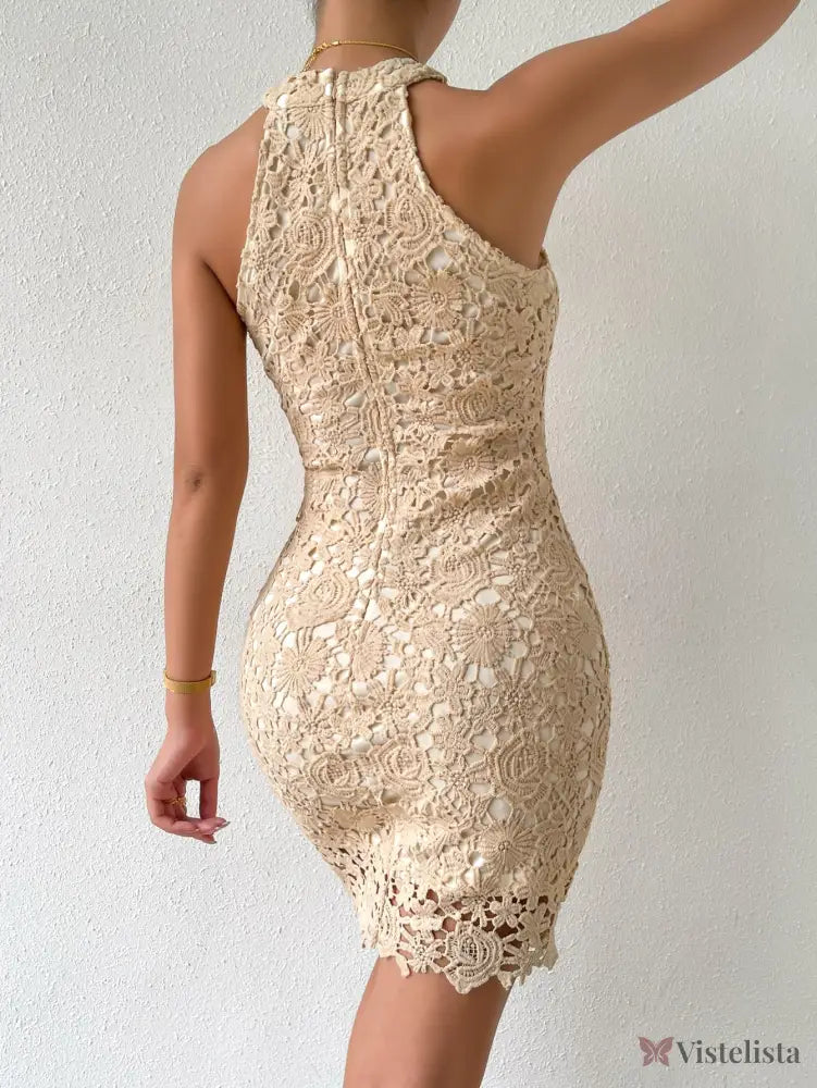 Vestido Curto Renda Floral Elegante Com Decote Halter Vestido Curto Renda Floral Elegante Com Decote Halter