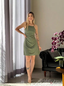 Vestido Curto Slip Dress Estampado Poá Alças Finas Verde Oliva / PP Vestido Curto Slip Dress Estampado Poá Alças Finas
