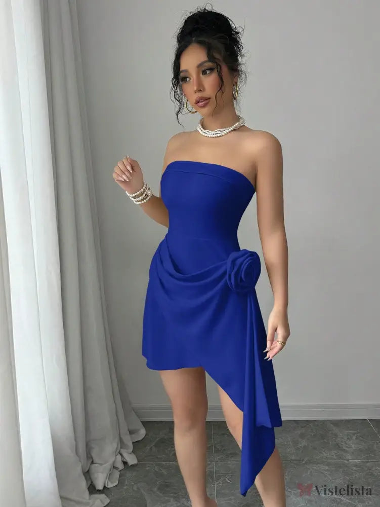 Vestido Curto Tomara Que Caia Assimétrico Com Flor Na Cintura Azul Royal / PP Vestido Curto Tomara Que Caia Assimétrico