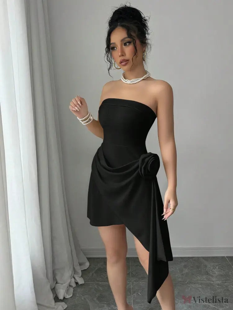 Vestido Curto Tomara Que Caia Assimétrico Com Flor Na Cintura Preto / PP Vestido Curto Tomara Que Caia Assimétrico Com