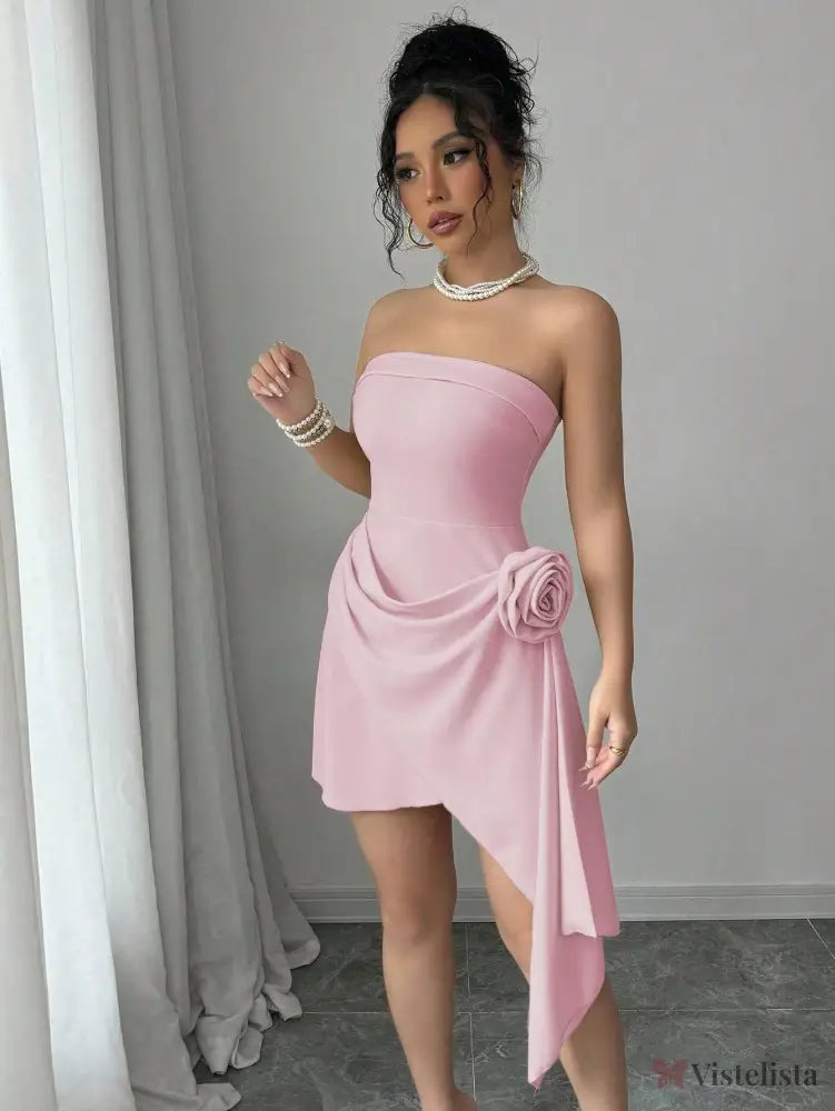 Vestido Curto Tomara Que Caia Assimétrico Com Flor Na Cintura Rosa Bebê / PP Vestido Curto Tomara Que Caia Assimétrico