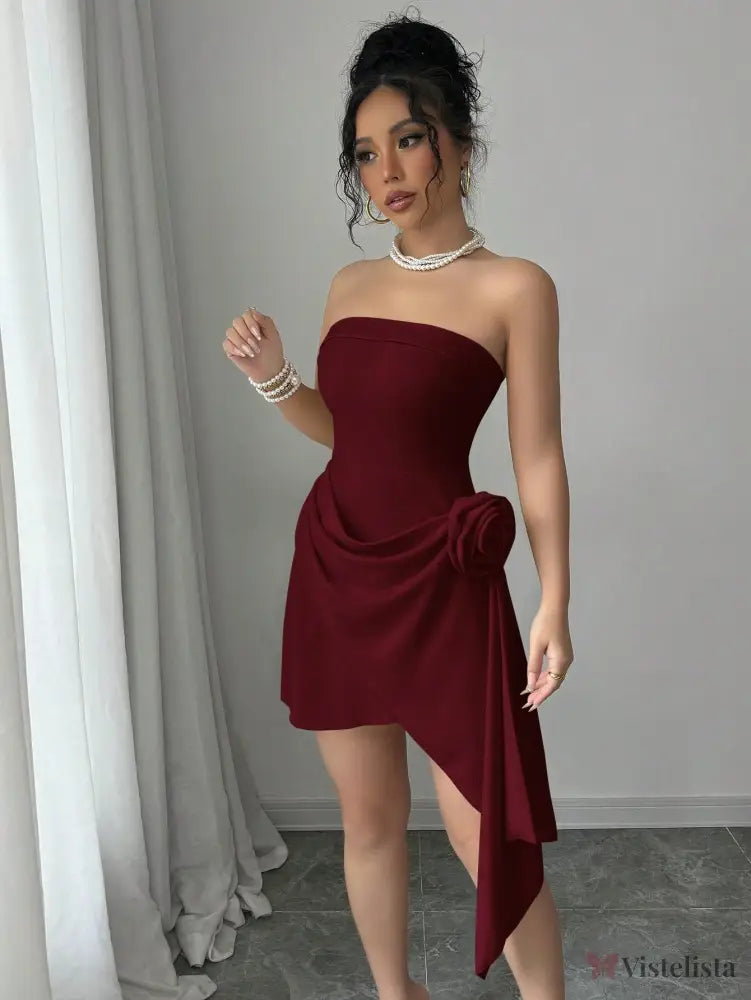 Vestido Curto Tomara Que Caia Assimétrico Com Flor Na Cintura Vinho / PP Vestido Curto Tomara Que Caia Assimétrico Com