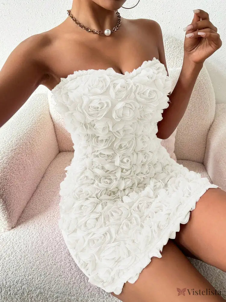 Vestido Curto Tomara Que Caia Com Flores 3D Branco / PP Vestido Curto Tomara Que Caia Com Flores 3D