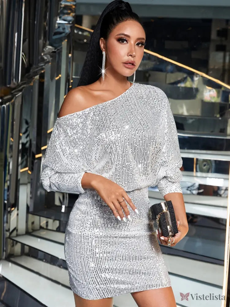Vestido Curto Um Ombro Só De Paetê Com Manga Longa Elegante Branco / PP Vestido Curto Um Ombro Só De Paetê Com Manga