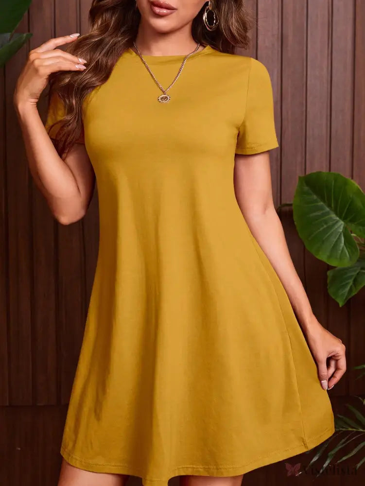 Vestido Curto Vermelho Básico Com Manga Curta Amarelo Mostarda / PP Vestido Curto Vermelho Básico Com Manga Curta