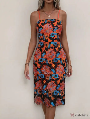 Vestido Elegante De Renda Com Transparência Floral Midi Vestido Elegante De Renda Com Transparência Floral Midi