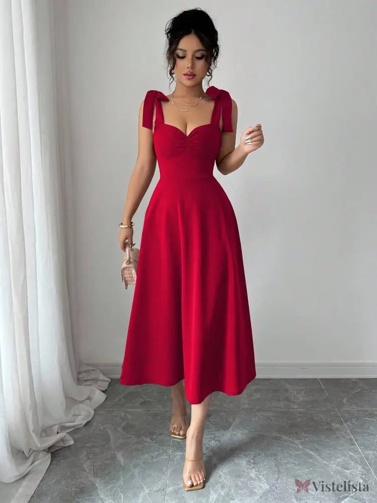 Vestido Elegante Decote Coração Com Saia A-Line Vermelho / PP Vestido Elegante Decote Coração Com Saia A-Line