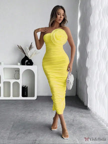 Vestido Elegante Justo Longo Com Detalhe Floral Estruturado Amarela / PP Vestido Elegante Justo Longo Com Detalhe