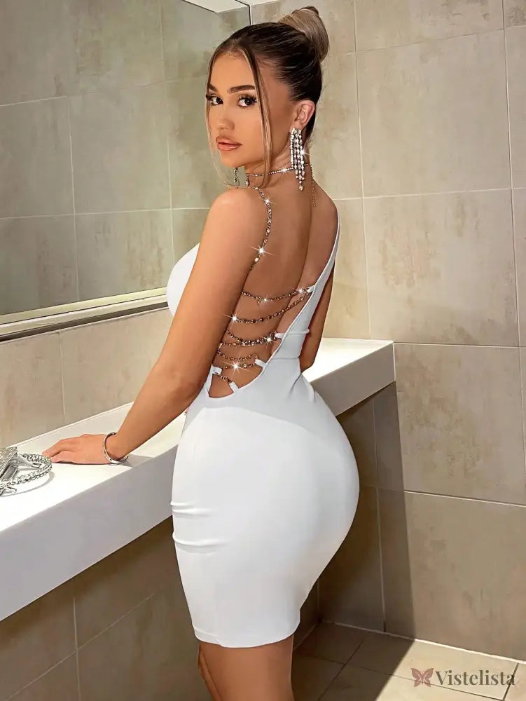 Vestido Justo Curto Com Costas Abertas E Tiras De Strass Branco / PP Vestido Justo Curto Com Costas Abertas E Tiras De