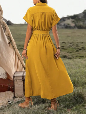 Vestido Longo Chemise Com Botões E Cinto Ajustável Vestido Longo Chemise Com Botões E Cinto Ajustável