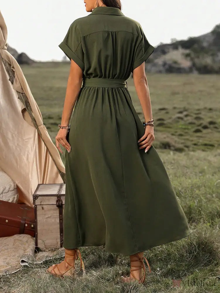 Vestido Longo Chemise Com Botões E Cinto Ajustável Vestido Longo Chemise Com Botões E Cinto Ajustável