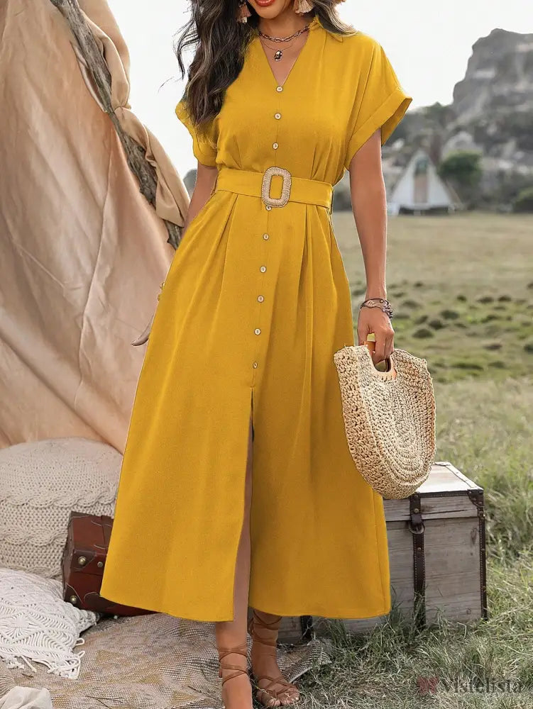 Vestido Longo Chemise Com Botões E Cinto Ajustável Amarela / PP Vestido Longo Chemise Com Botões E Cinto Ajustável