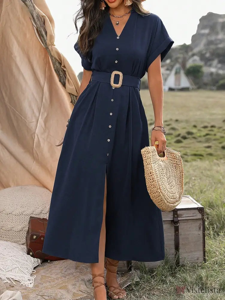 Vestido Longo Chemise Com Botões E Cinto Ajustável Azul-marinho / PP Vestido Longo Chemise Com Botões E Cinto Ajustável
