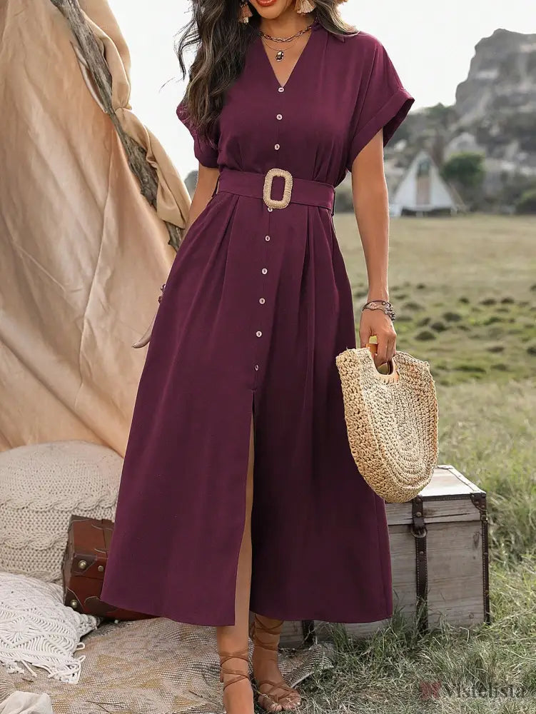 Vestido Longo Chemise Com Botões E Cinto Ajustável Vinho / PP Vestido Longo Chemise Com Botões E Cinto Ajustável