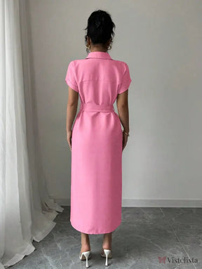 Vestido Longo Chemise Com Cinto De Fivela Elegante Vestido Longo Chemise Com Cinto De Fivela Elegante