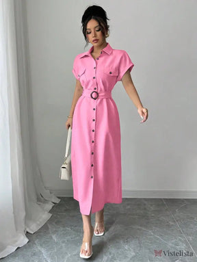 Vestido Longo Chemise Com Cinto De Fivela Elegante Vestido Longo Chemise Com Cinto De Fivela Elegante