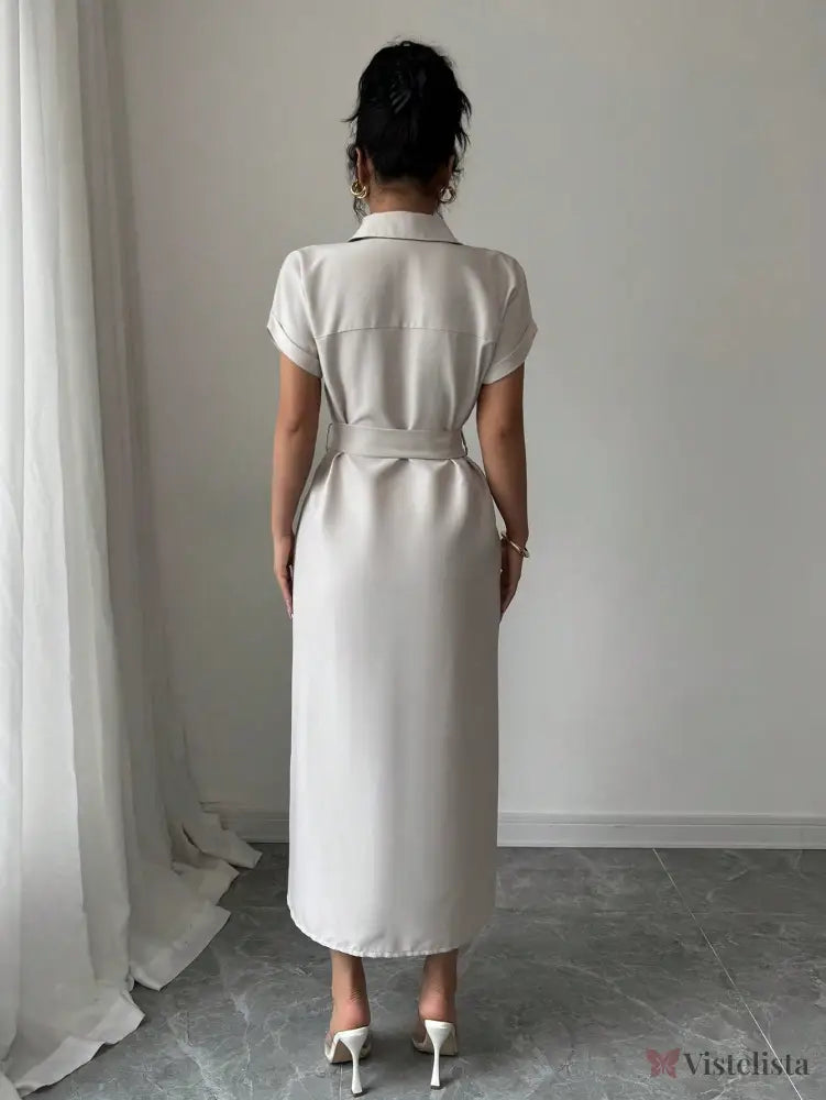 Vestido Longo Chemise Com Cinto De Fivela Elegante Vestido Longo Chemise Com Cinto De Fivela Elegante