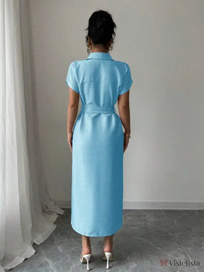 Vestido Longo Chemise Com Cinto De Fivela Elegante Vestido Longo Chemise Com Cinto De Fivela Elegante