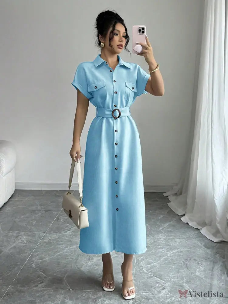 Vestido Longo Chemise Com Cinto De Fivela Elegante Azul Claro / PP Vestido Longo Chemise Com Cinto De Fivela Elegante