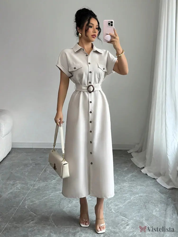 Vestido Longo Chemise Com Cinto De Fivela Elegante Damasco / PP Vestido Longo Chemise Com Cinto De Fivela Elegante