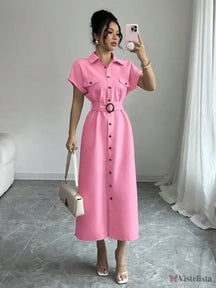 Vestido Longo Chemise Com Cinto De Fivela Elegante Rosa Choque / PP Vestido Longo Chemise Com Cinto De Fivela Elegante
