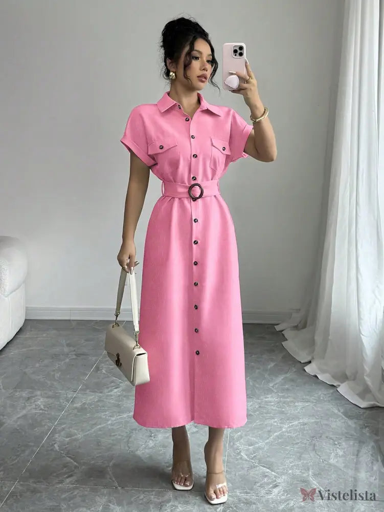 Vestido Longo Chemise Com Cinto De Fivela Elegante Rosa Choque / PP Vestido Longo Chemise Com Cinto De Fivela Elegante