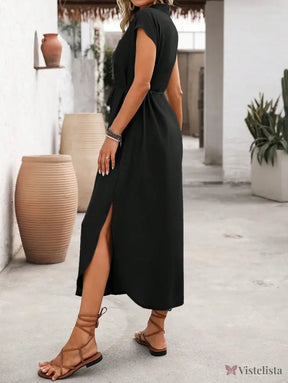 Vestido Longo Chemise Com Fenda Frontal E Botões Vestido Longo Chemise Com Fenda Frontal E Botões