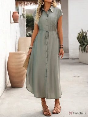 Vestido Longo Chemise Com Fenda Frontal E Botões Vestido Longo Chemise Com Fenda Frontal E Botões