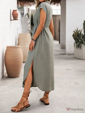 Vestido Longo Chemise Com Fenda Frontal E Botões Vestido Longo Chemise Com Fenda Frontal E Botões